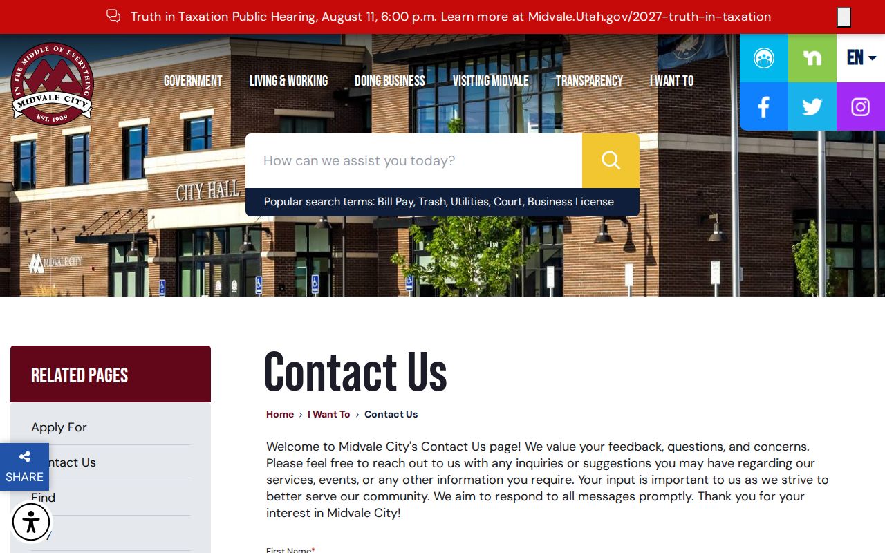 Midvale directory city department contact page