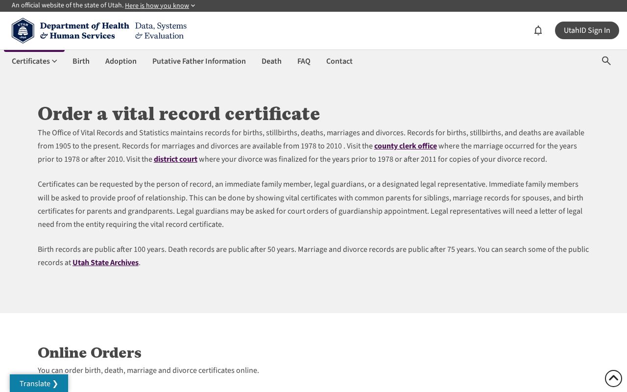 Midvale public records access through Utah vital certificate order choices